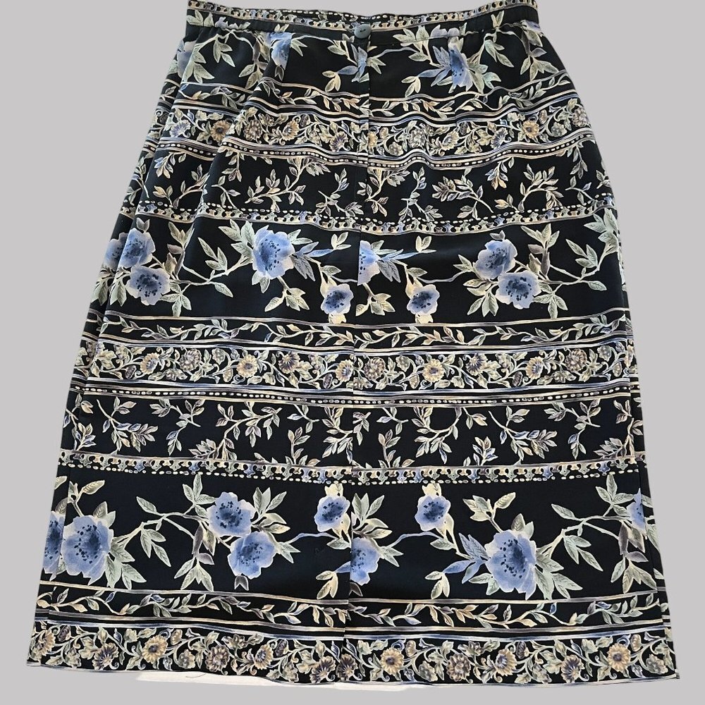 Stonebridge Wrap Skirt 27" Black Blue Floral‎ Zip Button Closure Midi Split Hem